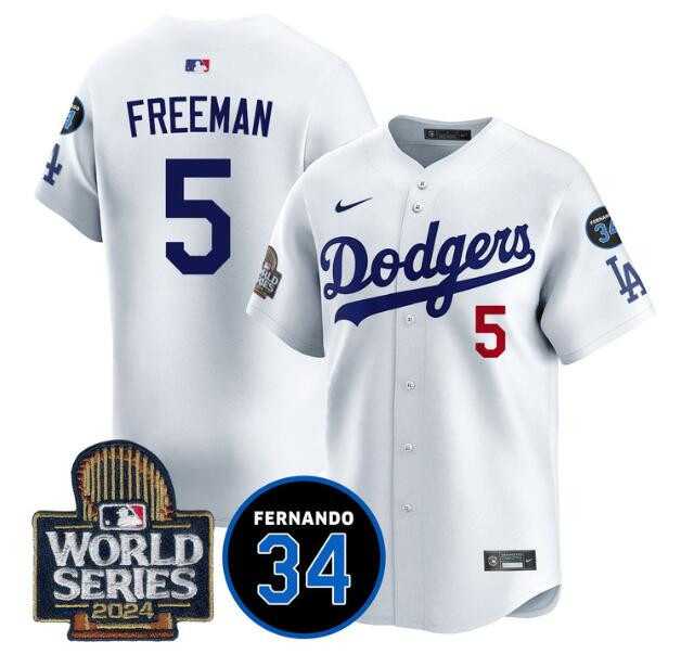 Men%27s Los Angeles Dodgers #5 Freddie Freeman White 2024 World Series With Fernando Memorial Patch Limited Stitched Jersey Dzhi->los angeles dodgers->MLB Jersey